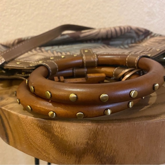 Fossil handbag dark Hawaiian tropical palm print wooden handles or strap - Picture 4 of 13